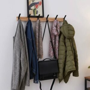 Scandinavian Wooden Wall Coat Rack with 5 Movable Double Hooks